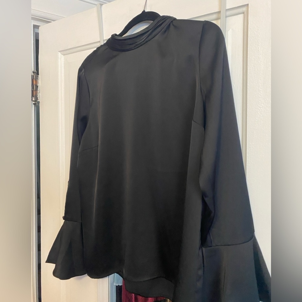 Black bell sleeve silky blouse